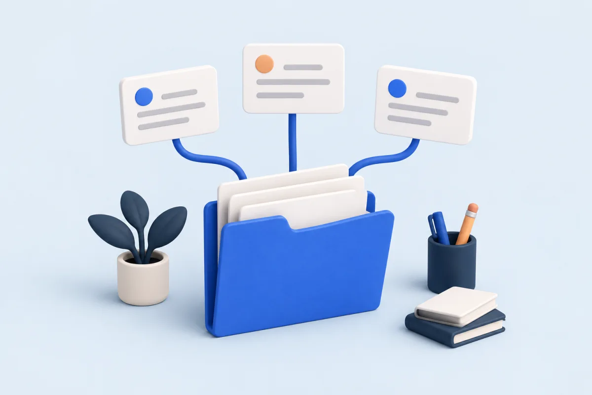 Illustration of shared reference documents connecting to three team instruction cards.