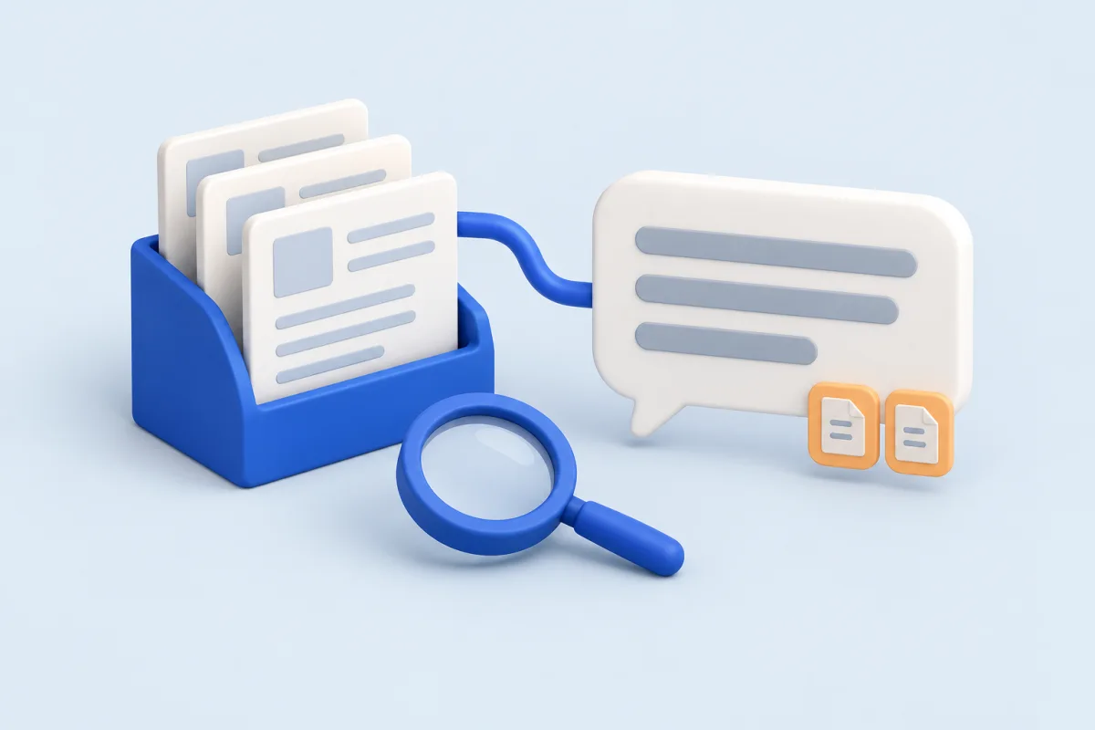 Illustration of reference documents connected to an answer with two source markers.