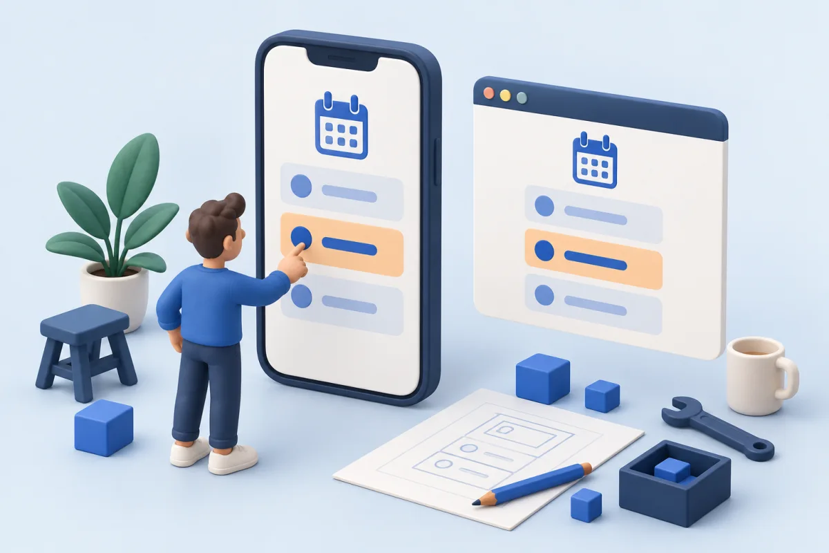 Illustrated prototype of the same appointment selection on a phone and in a browser.