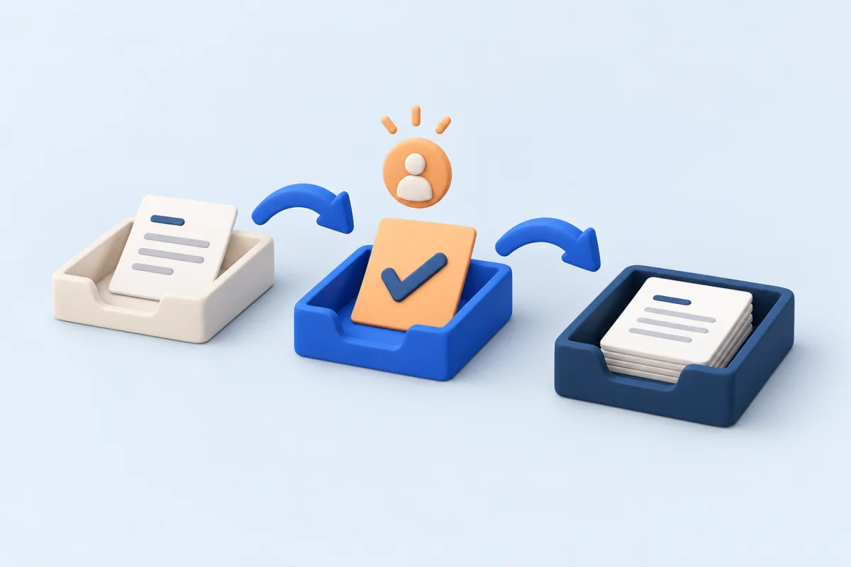 Illustration of a request moving through three trays with a human approval step in the middle.